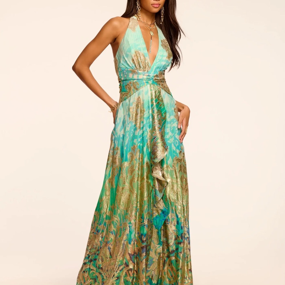 Ramy Brook Turquoise and Gold Halter Maxi Dress